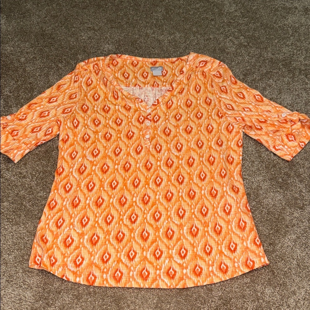 Chico's Orange Geometric V-Neck Tunic - size 1/Medium. B9